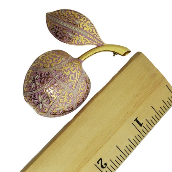 Vintage Estate Pink Enamel Damascene Cherry Brooch Gold Tone 2 1/8" Fruit Pin - Picture 9 of 9
